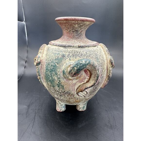 Decorative Terra Cotta Painted Pottery Elephant Vase 7 Inches Brown Green Red - Picture 7 of 9